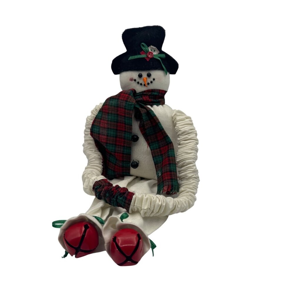 Fabric Snowman Decoration With Tartan Scarf Black Top Hat & Jingle Bell Shoes